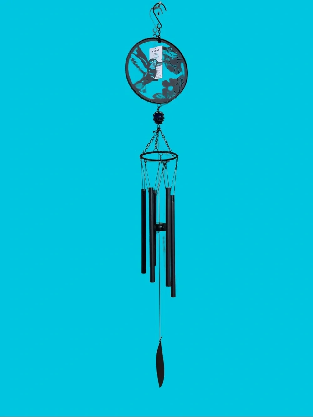 New Outdoor Metal Hummingbird Wind Chime - Black w/ Blue Glass Ball, 40” long
